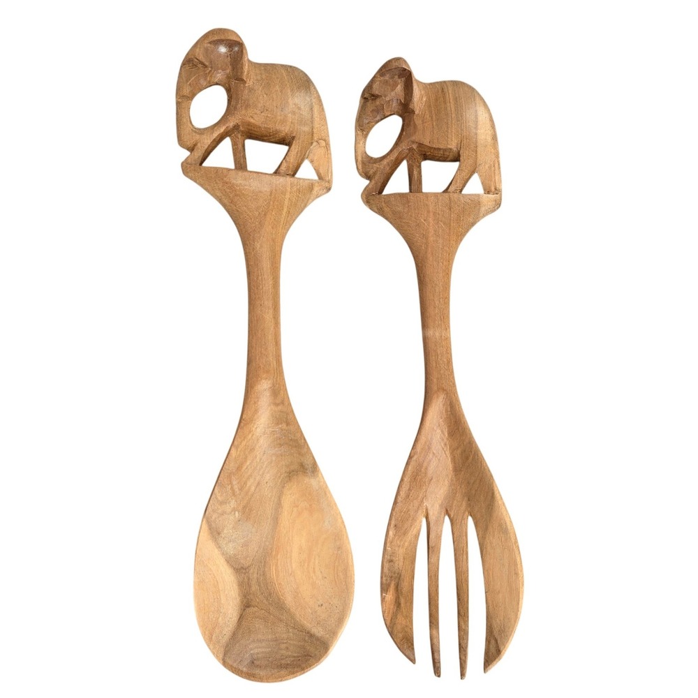 Large 13.5in Hand Carved Elephant Wood Salad Server‎ Set Boho Safari